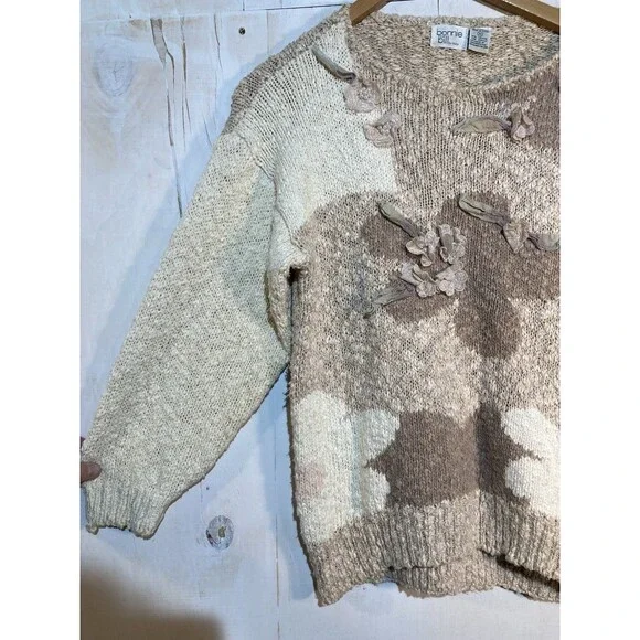 Vintage Bonnie & Bill Sweater Women Small Beige Floral Applique Pullover Cottage - Picture 6 of 10